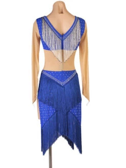 Latin Dance Costume Blue Women's Polyester Dress Sexy Fringe Rhinestones Latin Dancer Dancing Costume -Dresses Store 202204211735111342576