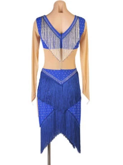 Latin Dance Costume Blue Women's Polyester Dress Sexy Fringe Rhinestones Latin Dancer Dancing Costume -Dresses Store 202204211735114275926
