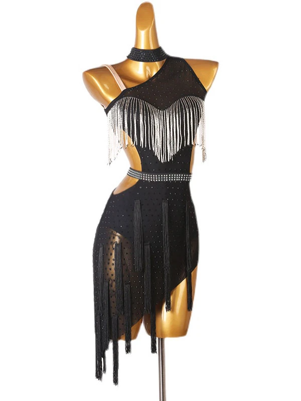 Latin Dance Costume Black Women's Rhinestones Fringe Backless Bodycon Sexy Polyester Dress Dancing Costume 3 Latin Dance Costume Black Women's Rhinestones Fringe Backless Bodycon Sexy Polyester Dress Dancing Costume