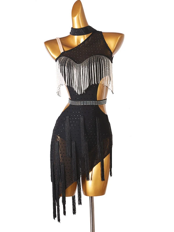 Latin Dance Costume Black Women's Rhinestones Fringe Backless Bodycon Sexy Polyester Dress Dancing Costume 4 Latin Dance Costume Black Women's Rhinestones Fringe Backless Bodycon Sexy Polyester Dress Dancing Costume - Image 2