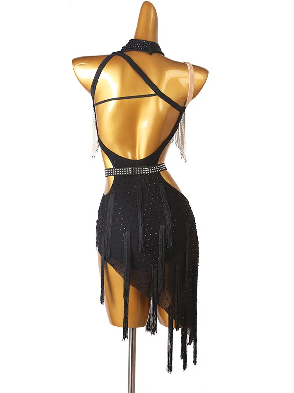 Latin Dance Costume Black Women's Rhinestones Fringe Backless Bodycon Sexy Polyester Dress Dancing Costume 5 Latin Dance Costume Black Women's Rhinestones Fringe Backless Bodycon Sexy Polyester Dress Dancing Costume - Image 3