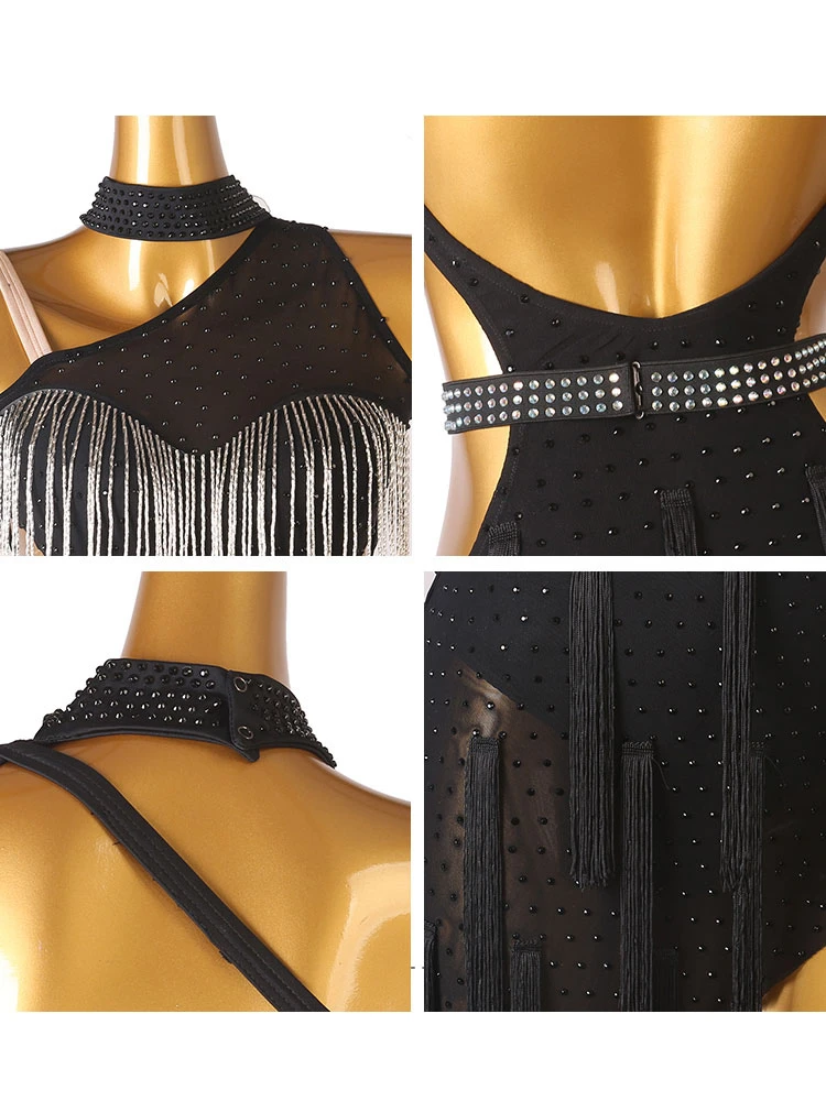Latin Dance Costume Black Women's Rhinestones Fringe Backless Bodycon Sexy Polyester Dress Dancing Costume 6 Latin Dance Costume Black Women's Rhinestones Fringe Backless Bodycon Sexy Polyester Dress Dancing Costume - Image 4
