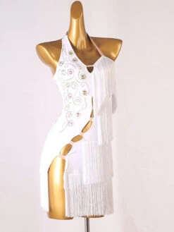 Latin Dance Dresses White Women's Polyester Dress Backless Sexy Fringe Rhinestones Latin Dancer Dancing Wear