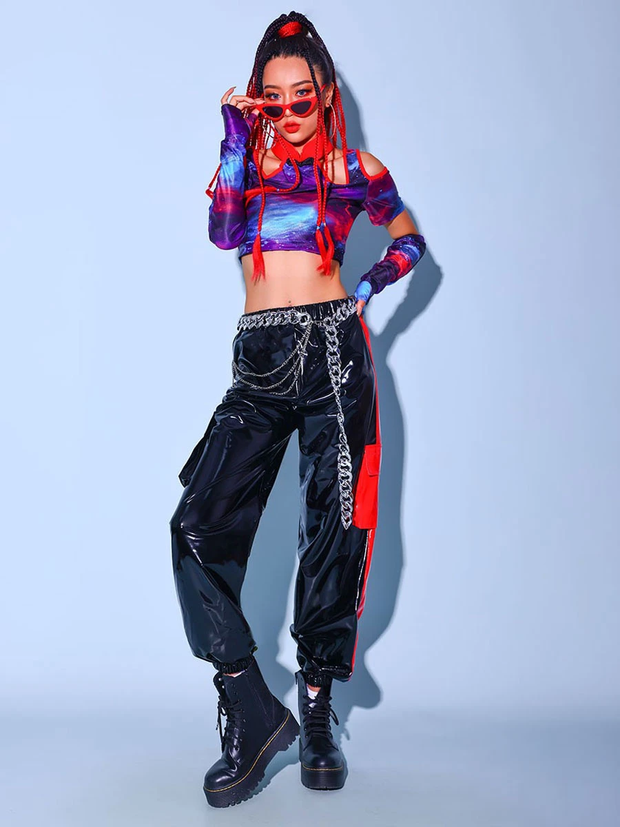 Hip Hop Dance Costumes Adult's Black Women's Top Pants Two-Tone Layered Hip Hop PU Leather Street Dancing Costume 6 Hip Hop Dance Costumes Adult's Black Women's Top Pants Two-Tone Layered Hip Hop PU Leather Street Dancing Costume - Image 4