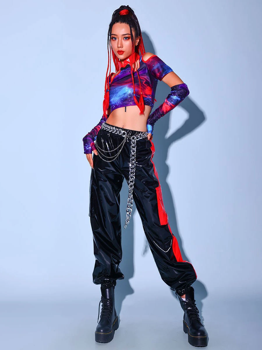 Hip Hop Dance Costumes Adult's Black Women's Top Pants Two-Tone Layered Hip Hop PU Leather Street Dancing Costume 4 Hip Hop Dance Costumes Adult's Black Women's Top Pants Two-Tone Layered Hip Hop PU Leather Street Dancing Costume - Image 2