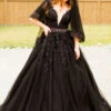 Black Wedding Dresses A-Line Sleeveless Lace Bridal Gown With Train Free Customization -Dresses Store 202204251805205674759