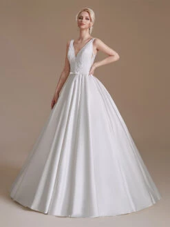 A-line Wedding Dresses Floor-Length Sleeveless Lace V-Neck Bridal Gowns Free Customization -Dresses Store 202205131520271361793