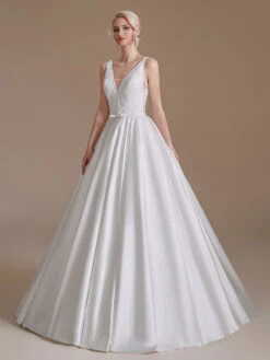 A-line Wedding Dresses Floor-Length Sleeveless Lace V-Neck Bridal Gowns Free Customization -Dresses Store 202205131520274464735