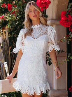 Birthday Cut Out Layered Lace Sexy Crewneck Short Sleeves Lace Dresses -Dresses Store 202205161719400123245