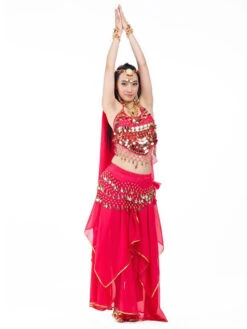 Belly Dance Top Pink Adult's Christmas Dress Sequins Lace Up Chiffon Women Performance Costume -Dresses Store 202205191236242529513