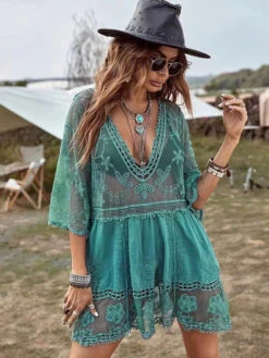 Cover Ups For Women Yellow 3/4 Length Sleeves Summer Beach Bathing Suits -Dresses Store 20220519155514691334