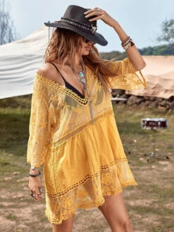 Cover Ups For Women Yellow 3/4 Length Sleeves Summer Beach Bathing Suits -Dresses Store 20220519155515557489
