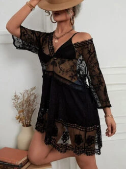 Cover Ups For Women Yellow 3/4 Length Sleeves Summer Beach Bathing Suits -Dresses Store 202205191555169453490