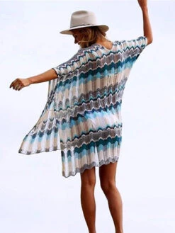 Cover Ups For Women White Color Block Half Sleeves Summer Beach Swimwear -Dresses Store 202205191559385404232