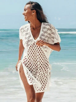 Women Cover Ups White V-Neck Short Sleeves Summer Sexy Swimwear