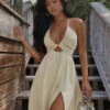 Birthday Summer Dress Ecru White V-Neck Beach Dress -Dresses Store 202205311842016581846