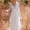 Boho Wedding Dress Lace A-Line With Train Backless Long Sleeves V-Neck White Hippie Bridal Dresses Free Customization -Dresses Store 202206101113115163435