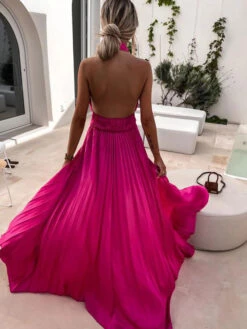 Halter Maxi Dress Sleeveless Casual Backless Pleated Floor Length Dress -Dresses Store 202206161127403622761