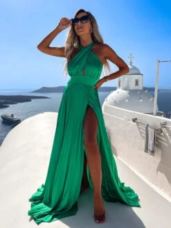 Halter Maxi Dress Sleeveless Casual Backless Pleated Floor Length Dress -Dresses Store 202206161129085668751