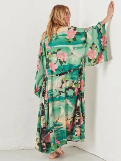 Cover Ups For Women Green Floral Print Sash Long Sleeves Summer Beach Swimwear -Dresses Store 20220617193538741194