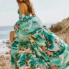 Cover Ups For Women Green Floral Print Sash Long Sleeves Summer Beach Swimwear -Dresses Store 202206171935390628656