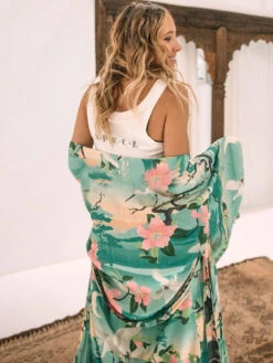 Cover Ups For Women Green Floral Print Sash Long Sleeves Summer Beach Swimwear -Dresses Store 202206171935393737359