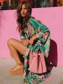 Cover Ups For Women Green Floral Print Sash Long Sleeves Summer Beach Swimwear -Dresses Store 202206171935397134114