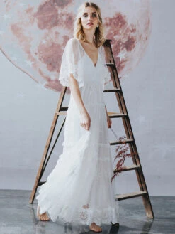 Ecru White Boho Wedding Dress Lace A-Line Floor-Length Backless Short Sleeves V-Neck Bridal Dress Free Customization -Dresses Store 202206181633276324010