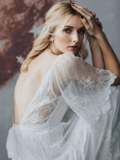 Ecru White Boho Wedding Dress Lace A-Line Floor-Length Backless Short Sleeves V-Neck Bridal Dress Free Customization -Dresses Store 202206181634290702091