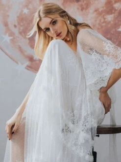 Ecru White Boho Wedding Dress Lace A-Line Floor-Length Backless Short Sleeves V-Neck Bridal Dress Free Customization -Dresses Store 202206181634302314531