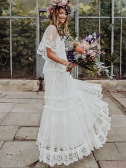 Ecru White Boho Wedding Dress Lace A-Line Floor-Length Backless Short Sleeves V-Neck Bridal Dress Free Customization -Dresses Store 2022061816343067814