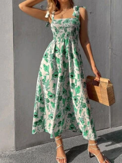 Summer Dress Yellow Straps Neck Lace Up Floral Print Beach Dress -Dresses Store 20220704173647443629