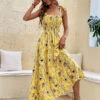 Summer Dress Yellow Straps Neck Lace Up Floral Print Beach Dress -Dresses Store 20220704173649201285