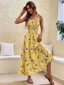 Summer Dress Yellow Straps Neck Lace Up Floral Print Beach Dress