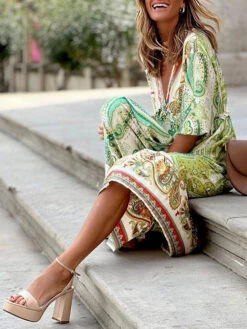 Maxi Dress V-Neck Half Sleeves Tatting Casual Printed Floor Length Dress -Dresses Store 202207061340549877629