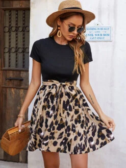 Summer Dress Jewel Neck Printed Sash Coffee Brown Medium Beach Dress -Dresses Store 202207141820454574377