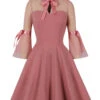 Retro Dress 1950s Audrey Hepburn Style Pink Color Block Woman's 3/4 Length Sleeves Rockabilly Dress -Dresses Store 202207141820542001467