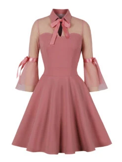 Retro Dress 1950s Audrey Hepburn Style Pink Color Block Woman's 3/4 Length Sleeves Rockabilly Dress
