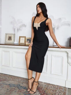 Birthday Party Dresses Black Straps Neck Sleeveless Semi Formal Dress -Dresses Store 20220725171843584481