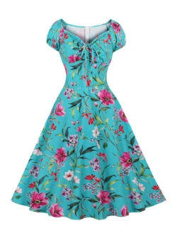 Vintage Dress 1950s Audrey Hepburn Style Light Sky Blue Floral Print Woman's Short Sleeves Rockabilly Dress 16 Vintage Dress 1950s Audrey Hepburn Style Light Sky Blue Floral Print Woman's Short Sleeves Rockabilly Dress -Dresses Store 202207261410382013096
