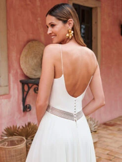 Ivory Boho Wedding Dress Lace A-Line With Train Spaghetti Straps Backless Sleeveless Jewel Neck Bridal Gown 8 Ivory Boho Wedding Dress Lace A-Line With Train Spaghetti Straps Backless Sleeveless Jewel Neck Bridal Gown -Dresses Store 202208111549394011203