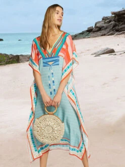 Cover Ups For Women Light Sky Blue V-Neck Half Sleeves Summer Beach Swimming Suits -Dresses Store 202208191420402427079