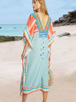 Cover Ups For Women Light Sky Blue V-Neck Half Sleeves Summer Beach Swimming Suits -Dresses Store 202208191420405973187