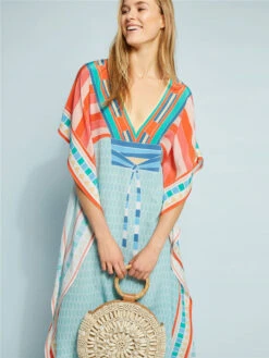 Cover Ups For Women Light Sky Blue V-Neck Half Sleeves Summer Beach Swimming Suits -Dresses Store 202208191420409321764