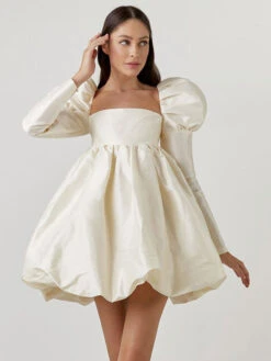 Birthday Mini Dresses Ecru White Long Sleeves Short Dress -Dresses Store 202208191429322573429
