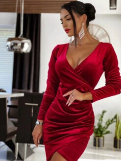 Knotted Velour Casual V-Neck Long Sleeves Midi Dress -Dresses Store 202209161244460425576