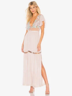 Boho Dress Light Pink V-Neck Short Sleeves Embroidered See-through Bohemian Gypsy Beach Vacation Summer Maxi Dress For Women -Dresses Store 202209231155225274795