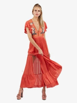 Boho Dress Light Pink V-Neck Short Sleeves Embroidered See-through Bohemian Gypsy Beach Vacation Summer Maxi Dress For Women -Dresses Store 202209231155232967181