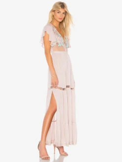 Boho Dress Light Pink V-Neck Short Sleeves Embroidered See-through Bohemian Gypsy Beach Vacation Summer Maxi Dress For Women -Dresses Store 202209231155242476549