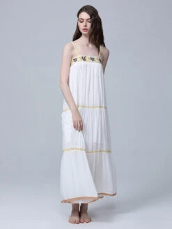 Boho Dress Embroidered White Sleeveless Bohemian Gypsy Beach Vacation Spring Summer Slip Maxi Shift Dress For Women -Dresses Store 202209261424100883916